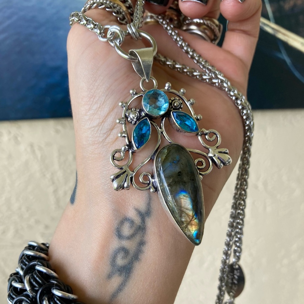 925 Sterling silver overlay natural labradorite sapphire aquamarine necklace - Picture 14 of 16